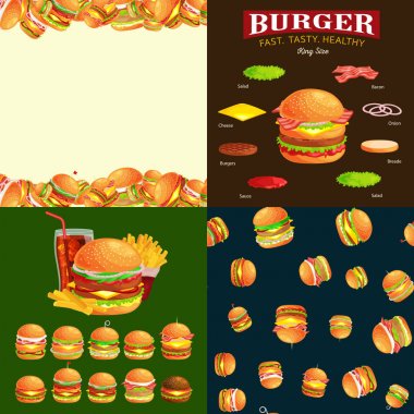 Izgara burger beef sebze kümesi ile sos topuz aperatif, hamburger lokanta yemek menüsü Barbekü eti detaylı bireysel uçan dilimleri menü malzemeler vecor resimde arka plan ile giyinmiş