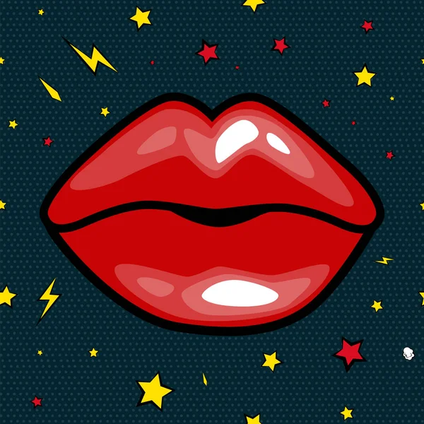Moda meninas lábios com batom vermelho em desenhos animados emblemas estilo arte pop patch, cool retro coleção adesivo vetor ilustração — Vetor de Stock