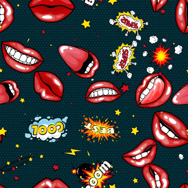 Seamless pattern cartoon comic super speech bubble labels with text, sexy open red lips with teeth, retro cartoon vector pop art illustration, halftone dot vintage effect background — Stock Vector