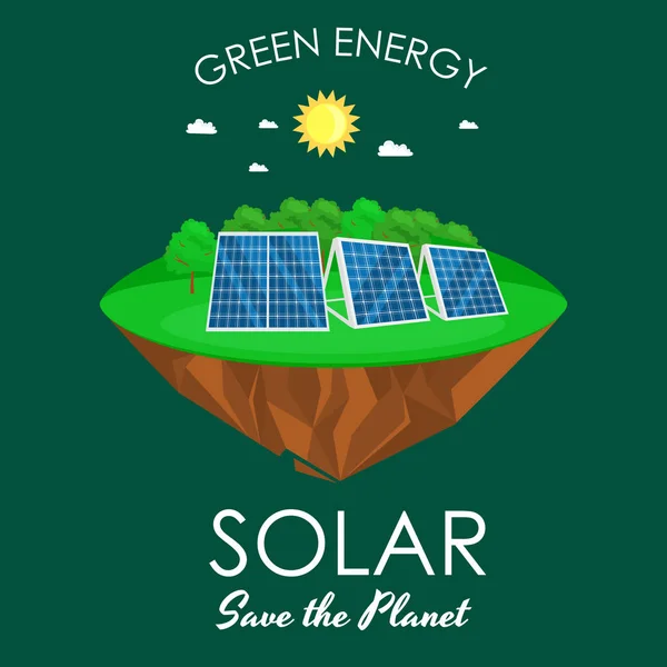 Alternatív energia energia, napenergia villamos panel mezőben a zöld fű ökológia fogalom, a megújuló sun station vektor illustratin technológia — Stock Vector