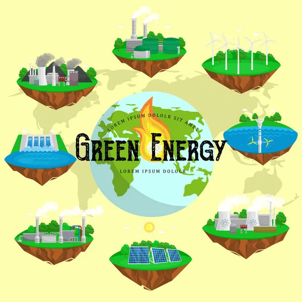 Ecología renovable energía iconos, ciudad verde energía alternativa recursos concepto, medio ambiente ahorrar nuevas tecnologías, solar y eólica electricidad vector ilustración — Vector de stock