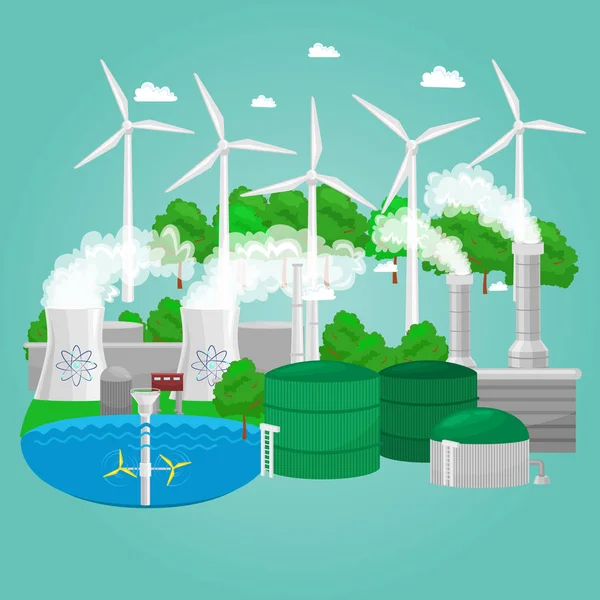 Concept van de alternatieve energie groene energie, milieu opslaat, turbine van de hernieuwbare energie, wind- en zonne-ecologie elektriciteit, ecologische industrie vectorillustratie — Stockvector