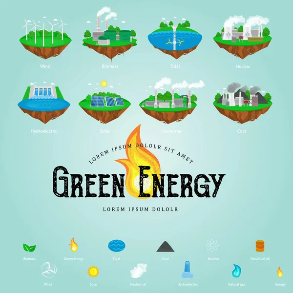 Ecología renovable energía iconos, ciudad verde energía alternativa recursos concepto, medio ambiente ahorrar nuevas tecnologías, solar y eólica electricidad vector ilustración — Vector de stock