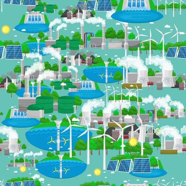 Seamless pattern renewable ecology energy, green city power alternative resources concept, environment save new technology, solar and wind electricity vector illustration background — Stock Vector