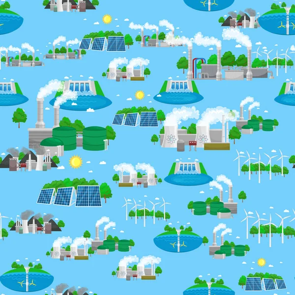 Seamless pattern renewable ecology energy, green city power alternative resources concept, environment save new technology, solar and wind electricity vector illustration background — Stock Vector