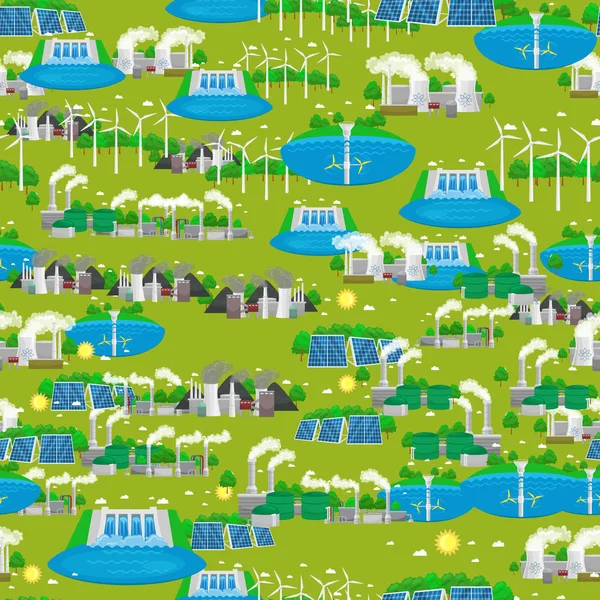 シームレスなパターン再生生態エネルギー、緑の都市力代替資源の概念、新技術、太陽光と風力発電を保存環境ベクター イラスト背景 — ストックベクタ
