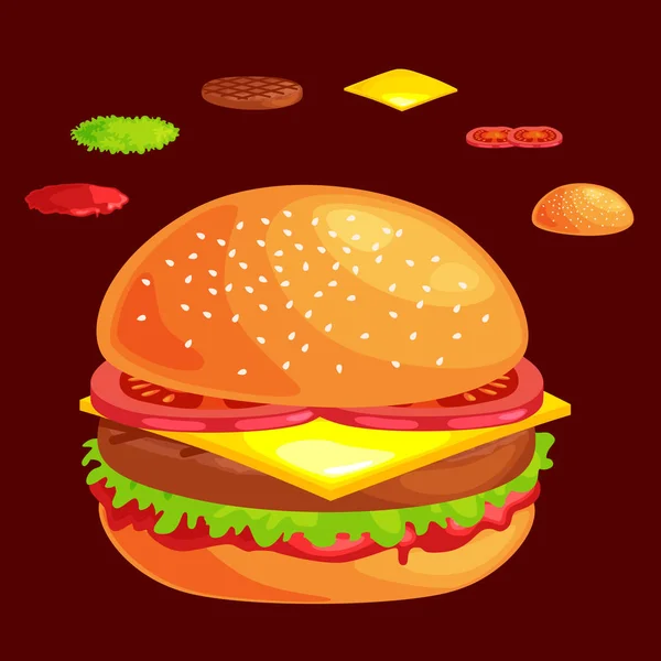 Набор гамбургер на гриле говядины овощи, одетые с соусом булочка закуски, гамбургер меню фаст-фуд барбекю мясо с подробными индивидуальными летающих ломтиков меню ингредиенты векор иллюстрации фон — стоковый вектор