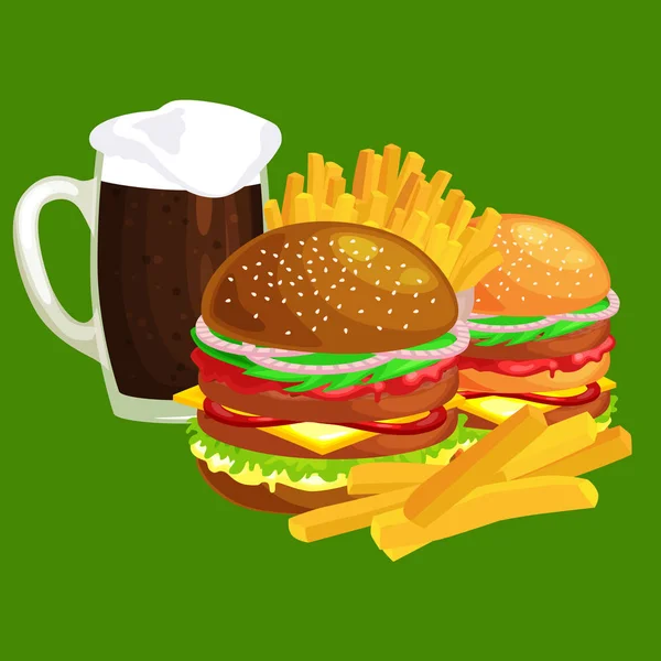 Conjunto de sabrosas hamburguesas a la parrilla de carne de res y verduras frescas vestidas con pan de salsa para aperitivos, hamburguesa americana comida rápida papas fritas con oso frío bebida de hielo marrón vecor fondo ilustración — Vector de stock