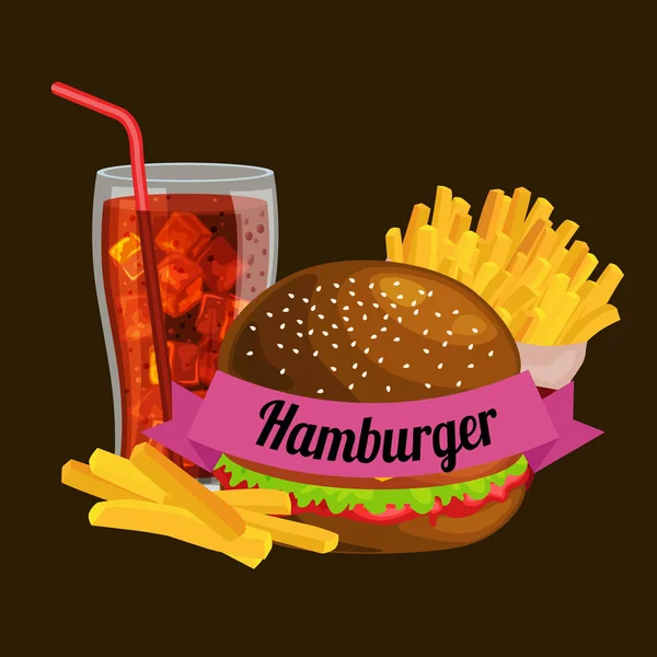 Набор вкусных гамбургеров жареная говядина и свежие овощи, одетые с булочкой соуса на закуску, американский гамбургер фаст-фуд картофель фри с холодной содой коричневый напиток векор иллюстрация фон — стоковый вектор