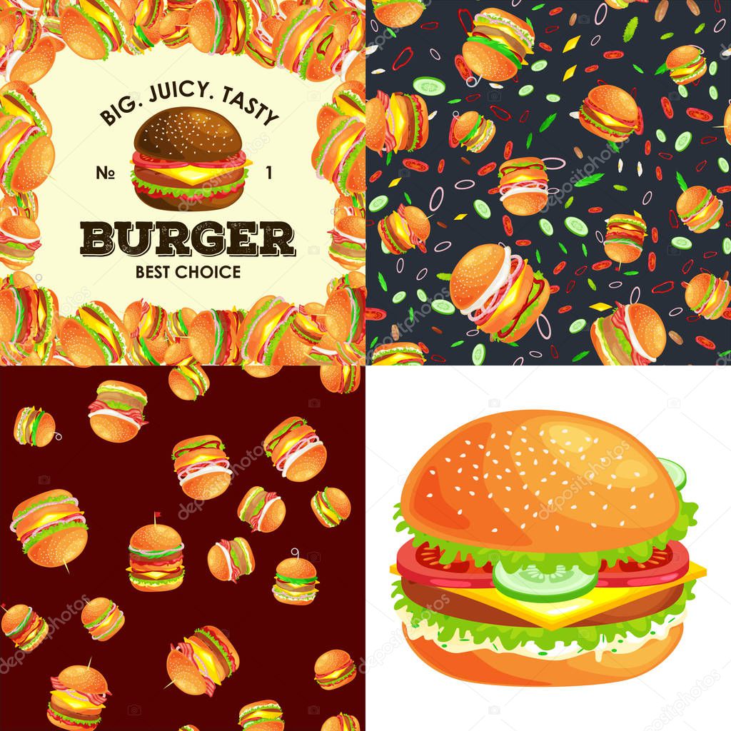 Set of burger grilled beef and fresh vegetables dressed with sauce bun snack, american hamburger fastfood barbecue meat meal Hamburger with detailed flying slices menu ingredients vecor illustration