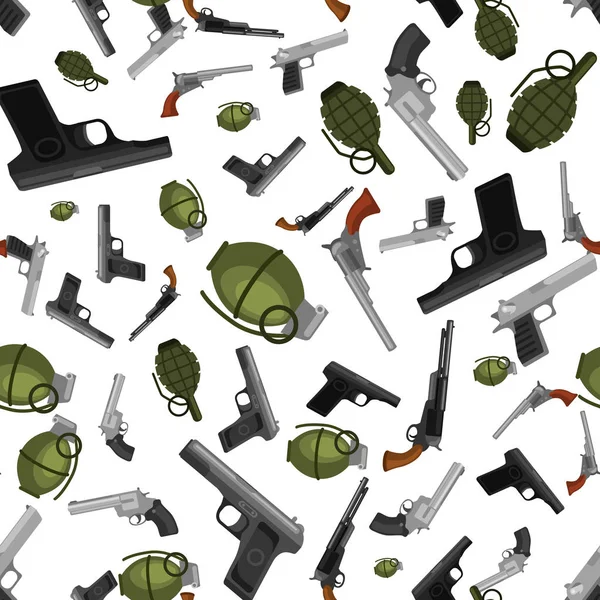 Militär pistol sömlösa mönster, automatisk och hand vapen i tidningen fat med kulor för skydd shoting eller krig textur, handeldvapen för jakt och polisen utrustning bakgrund vektorillustration — Stock vektor