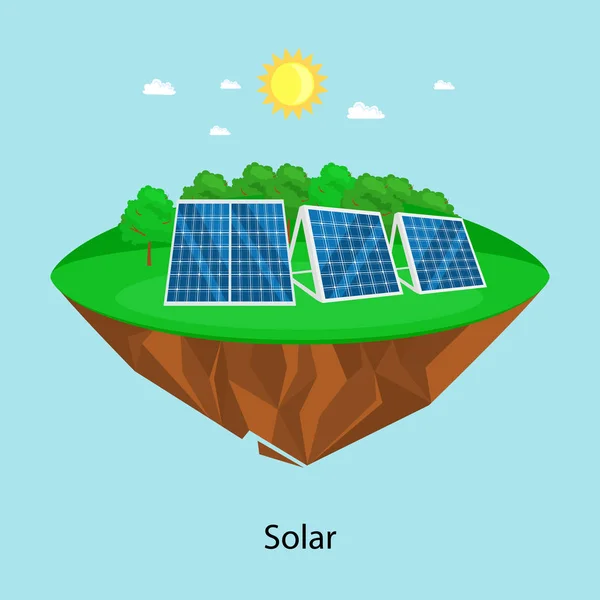 Energía alternativa, campo del panel de electricidad solar en un concepto de ecología de césped verde, tecnología de la estación solar renovable vector illustratin — Archivo Imágenes Vectoriales