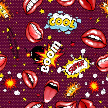 Dikişsiz desen karikatür komik süper konuşma balonu etiketlerle metin, seksi kırmızı dudaklar ile dişler, retro karikatür vektör pop sanat çizim, yarı ton nokta vintage etkisi arka plan açın.