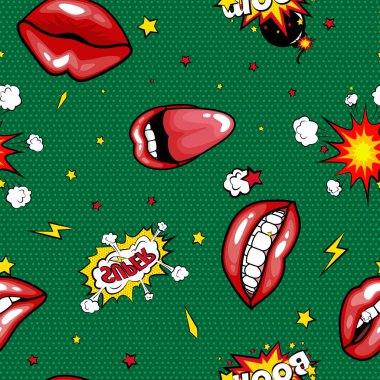 Dikişsiz desen karikatür komik süper konuşma balonu etiketlerle metin, seksi kırmızı dudaklar ile dişler, retro karikatür vektör pop sanat çizim, yarı ton nokta vintage etkisi arka plan açın.