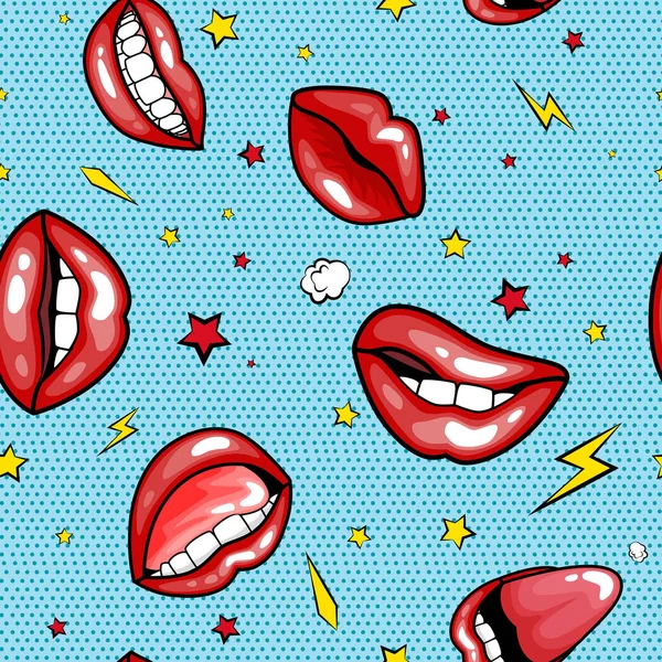 Seamless pattern cartoon comic super speech bubble labels with text, sexy open red lips with teeth, retro cartoon vector pop art illustration, halftone dot vintage effect background — Stock Vector