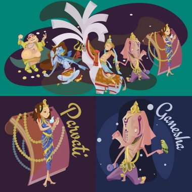 İzole Hint tanrıları meditasyon Yoga dizi pozlar lotus ve Tanrıça Hinduizm din, geleneksel Asya kültür manevi mitoloji, tanrıça ibadet festival vektör çizimler, T-shirt kavramları