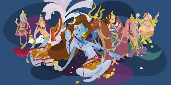 İzole Hint tanrıları meditasyon Yoga dizi pozlar lotus ve Tanrıça Hinduizm din, geleneksel Asya kültür manevi mitoloji, tanrıça ibadet festival vektör çizimler, T-shirt kavramları — Stok Vektör