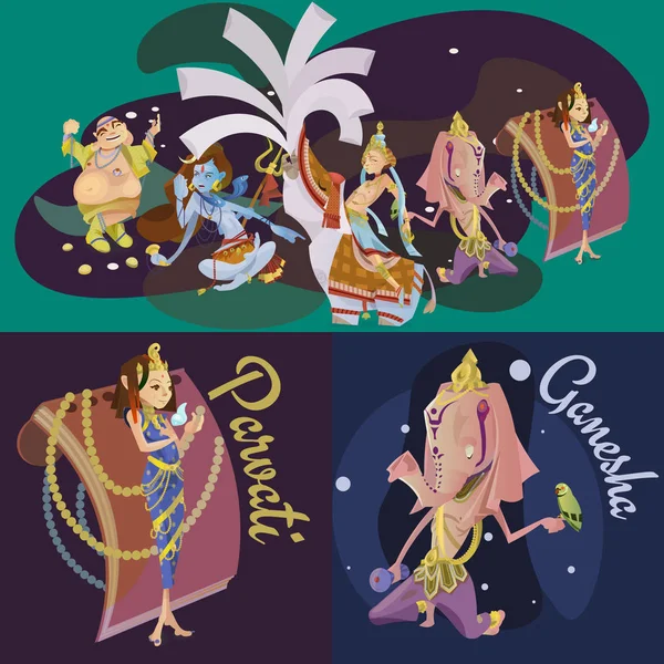 Conjunto de deuses hindus isolados meditação em ioga coloca lótus e deusa hinduísmo religião, cultura asiática tradicional mitologia espiritual, divindade adoração festival vetor ilustrações, conceitos de t-shirt — Vetor de Stock