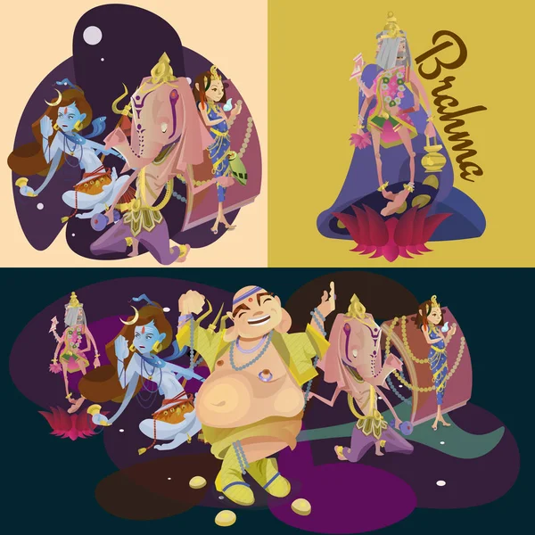 Ensemble de divinités hindoues isolées méditation dans le yoga pose lotus et déesse hindouisme religion, culture asiatique traditionnelle mythologie spirituelle, divinité culte festival illustrations vectorielles, T-shirt concepts — Image vectorielle