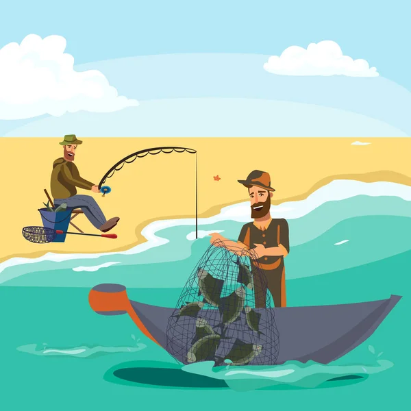 Cartoon fisherman standing in hat and pulls net on boat out of sea, happy fishman holds fish catch and spin vecor illustration fisher threw fishing rod into water concept, man active hobby character — Stock Vector