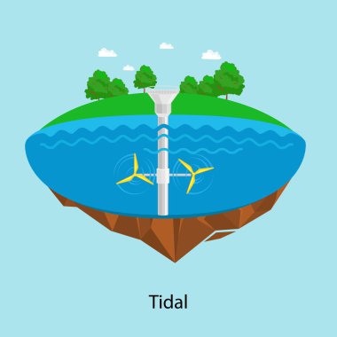 Gelgit türbinleri enerji santrali ve fabrika. Yeşil su enerji endüstriyel kavramı vektör çizim düz tarzı. Su elektrik istasyonu simgesi yenilenebilir enerji kaynakları.