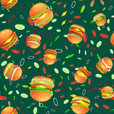 Dikişsiz desen lezzetli hamburger ızgara sığır eti ve taze sebze sos topuz için meze, Amerikan hamburger lokanta domates peynir vecor resimde arka plan ile giyinmiş