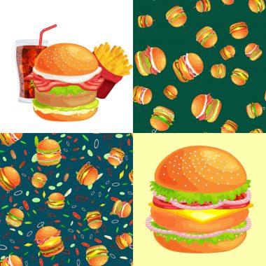 Izgara burger sığır eti ve taze sebze giyinmiş sos bun için meze, Amerikan hamburger fast food barbekü et yemek ekmek domates peynir, Hamburger vecor resimde arka plan ile