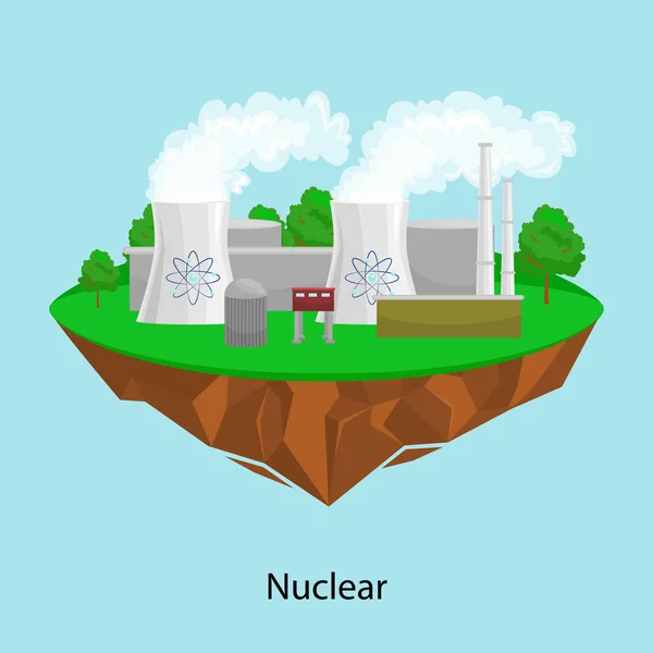 Energia alternativa indústria de energia, usina nuclear fábrica eletricidade em um conceito de ecologia de grama verde, tecnologia de estação atômica renovável vetor ilustratin —  Vetores de Stock