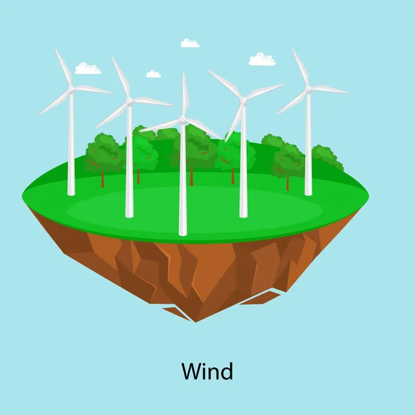 Alternatieve energie energie, wind elektriciteit turbine veld op een concept van groen gras ecologie, technologie van hernieuwbare windmolen station vector illustratin — Stockvector