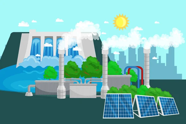 Conceito de energia alternativa energia verde, economia ambiental, energia renovável da turbina, energia eólica e ecologia solar eletricidade, indústria ecológica ilustração vetorial —  Vetores de Stock