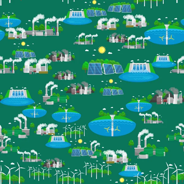 シームレス パターン緑代替エネルギー、発電、環境保存、タービンの再生可能エネルギー、風と太陽の生態電気、生態学的な業界のベクトル図 — ストックベクタ