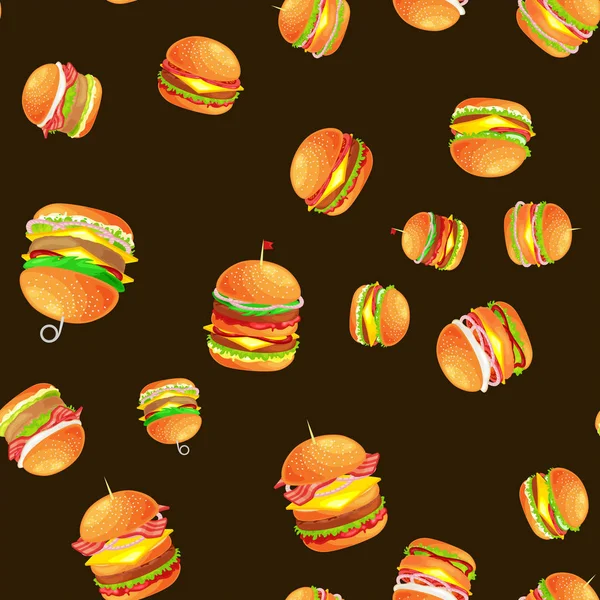 원활한 패턴 구이 맛 있는 햄버거 쇠고기와 신선한 야채 간식, 미국 햄버거 패스트 푸드 식사 메뉴 바베 큐 고기 vecor 그림 배경 소스 롤빵와 옷 — 스톡 벡터