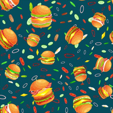 Dikişsiz desen lezzetli hamburger ızgara sığır eti ve taze sebze sos topuz için meze, Amerikan hamburger lokanta domates peynir vecor resimde arka plan ile giyinmiş