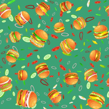 Dikişsiz desen lezzetli hamburger ızgara sığır eti ve taze sebze sos topuz için meze, Amerikan hamburger lokanta domates peynir vecor resimde arka plan ile giyinmiş