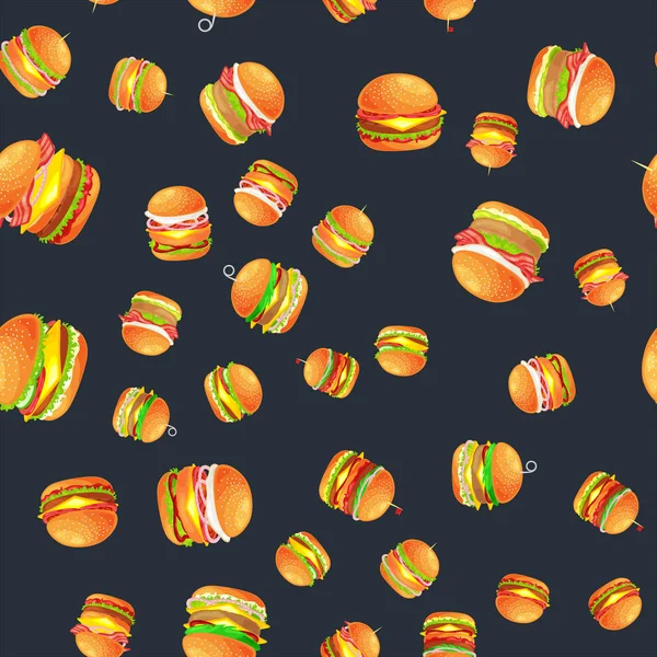 Seamless mönster läckra burger grillad biff och färska grönsaker klädd med sås bulle för mellanmål, amerikansk hamburgare snabbmat måltid menyn grill kött vecor illustration bakgrund — Stock vektor