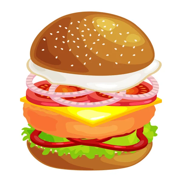 Вкусный бургер жареная говядина и свежие овощи, одетые с соусом в булочку на закуску или обед, гамбургер классической американской еды быстрого питания обычное меню может быть барбекю мясо хлеб томатный сыр на белом — стоковый вектор