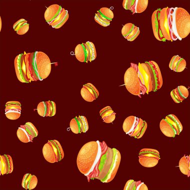 Dikişsiz desen lezzetli hamburger ızgara sığır eti ve taze sebze sos topuz için meze, Amerikan hamburger lokanta yemek menüsü barbekü et vecor resimde arka plan ile giyinmiş