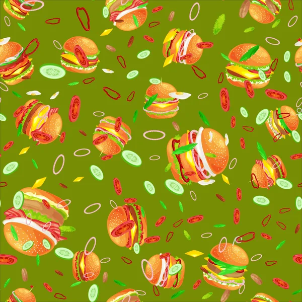 Dikişsiz desen lezzetli hamburger ızgara sığır eti ve taze sebze sos topuz için meze, Amerikan hamburger lokanta domates peynir vecor resimde arka plan ile giyinmiş