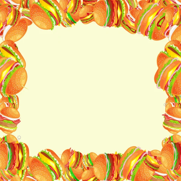 Рамка зі смачної яловичини на грилі та свіжих овочів, одягнена в соус для закуски, американське гамбургерне меню фаст-фуду барбекю м'ясний хліб томатний сир Векторні ілюстрації фону — стоковий вектор