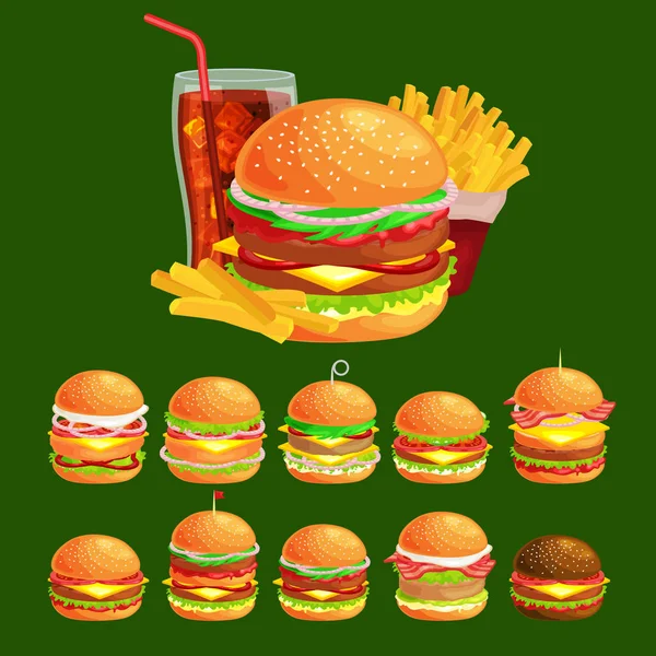 Set of tasty burgers grilled beef and fresh vegetables dressed with sauce bun for snack, american hamburger fast food meal French fries with cold brown ice soda drink vecor illustration background — Stock Vector