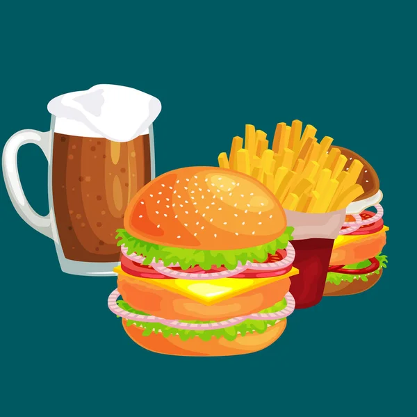 Conjunto de sabrosas hamburguesas a la parrilla de carne de res y verduras frescas vestidas con pan de salsa para aperitivos, hamburguesa americana comida rápida papas fritas con oso frío bebida de hielo marrón vecor fondo ilustración — Vector de stock