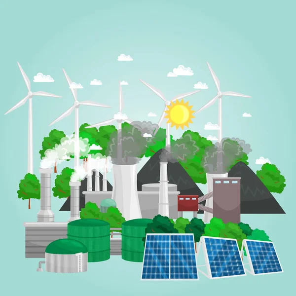 Концепция альтернативной энергетики зеленая энергия, сохранение окружающей среды, возобновляемые источники энергии турбины, ветер и солнечная экология электричество, векторная иллюстрация экологической промышленности — стоковый вектор