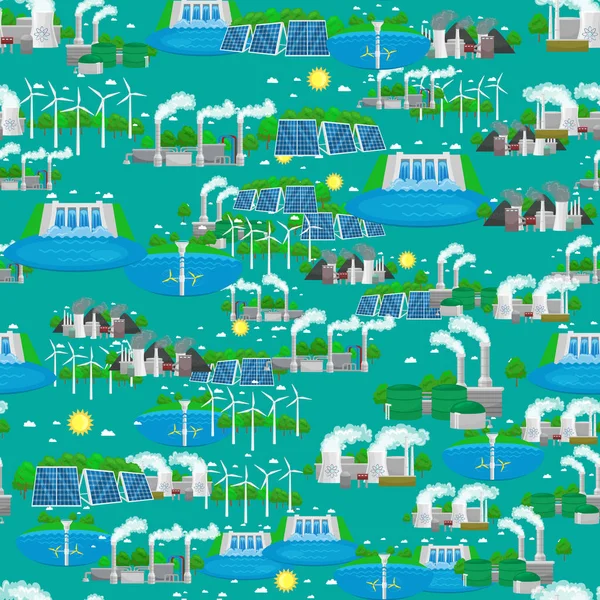 Patrón sin fisuras energía ecología renovable, ciudad verde energía alternativa concepto de recursos, medio ambiente ahorrar nuevas tecnologías, solar y eólica electricidad vector ilustración fondo — Archivo Imágenes Vectoriales