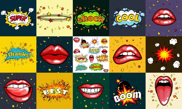 Padrão sem costura cartoon quadrinhos super discurso bolha rótulos com texto, sexy abrir lábios vermelhos com dentes, retro desenho animado vetor pop arte ilustração, halftone dot vintage efeito fundo — Vetor de Stock