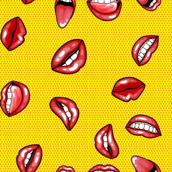 Χωρίς ραφή πρότυπο γελοιογραφία κωμικό σούπερ ομιλία φούσκα ετικετών με κείμενο, σέξι άνοιγμα κόκκινα χείλη με τα δόντια, ρετρό καρτούν εικονογράφηση φορέα pop art, απόχρωσης του γκρι κουκκίδα vintage αποτέλεσμα φόντο — Διανυσματικό Αρχείο