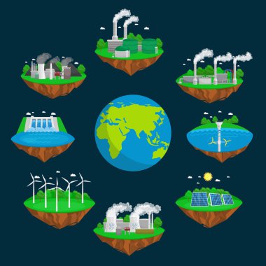 alternatif enerji yeşil güç kavramı, çevre kaydetmek, türbin yenilenebilir enerji, Rüzgar ve güneş ekoloji elektrik, ekolojik sanayi vektör çizim