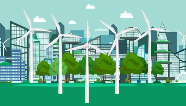 Écologie renouvelable icônes de l'énergie, concept de ressources alternatives d'énergie de ville verte, environnement sauver de nouvelles technologies, illustration vectorielle d'électricité solaire et éolienne — Image vectorielle