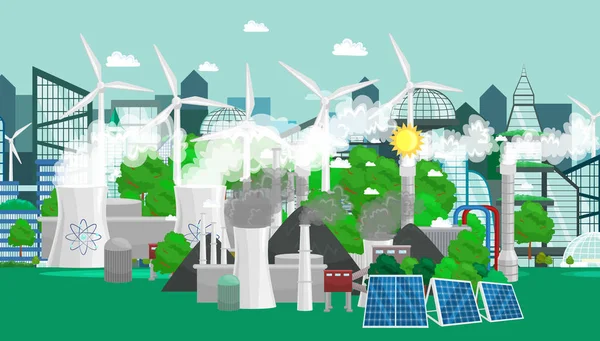 Obnovitelné ekologie energie ikony, koncepce zelené město alternativní zdroje energie, životní prostředí uložit nové technologie, sluneční a větrné elektřiny vektorové ilustrace — Stockový vektor