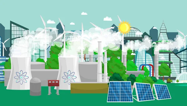 Ecologia renovável ícones de energia, verde cidade poder conceito de recursos alternativos, meio ambiente salvar novas tecnologias, solar e eólica eletricidade vetor ilustração — Vetor de Stock