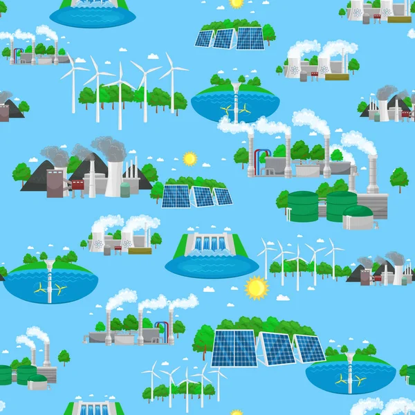 Seamless pattern renewable ecology energy, green city power alternative resources concept, environment save new technology, solar and wind electricity vector illustration background — Stock Vector